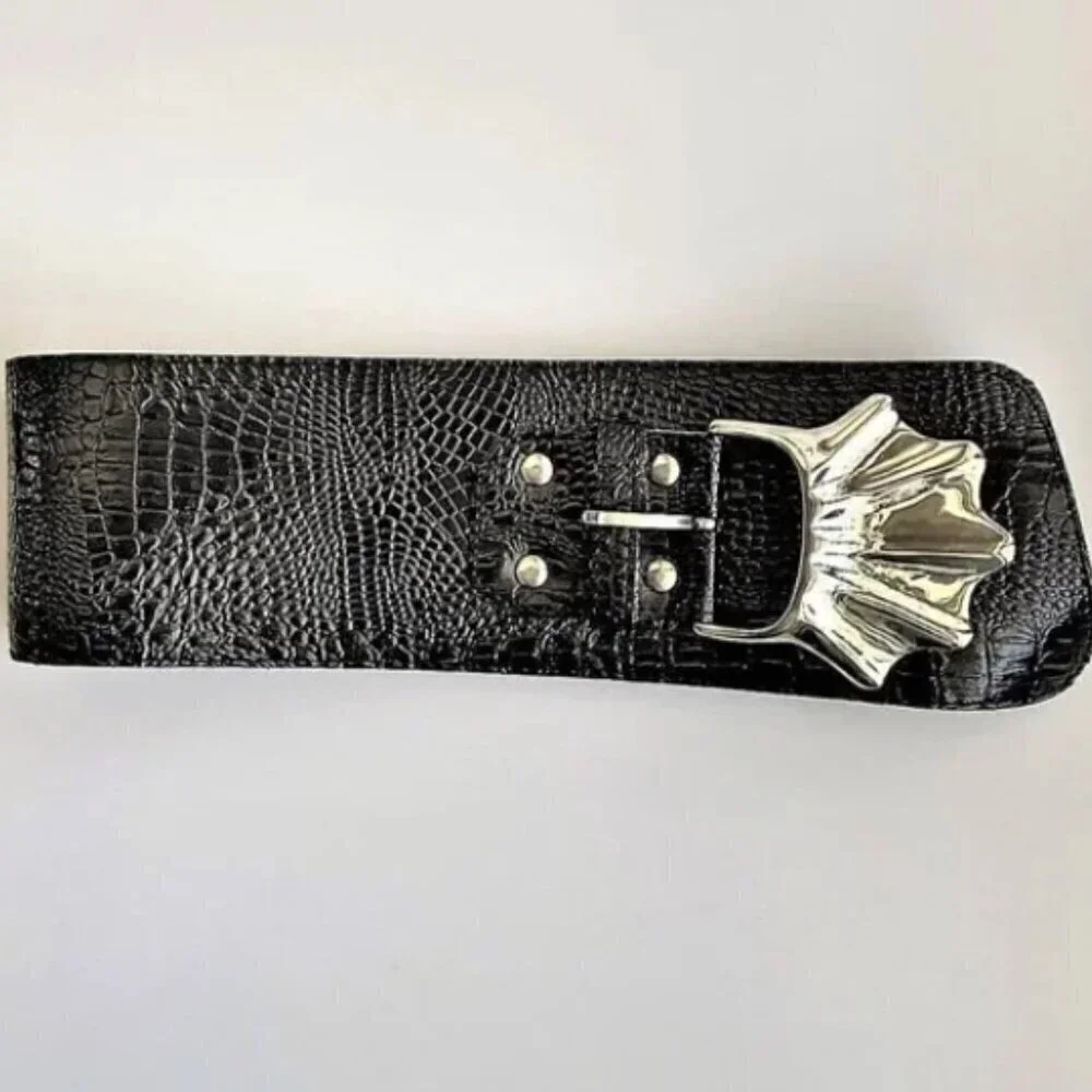 Vintage Y2K Black Croc Embossed Statement Belt with Silver Fluted Buckle
